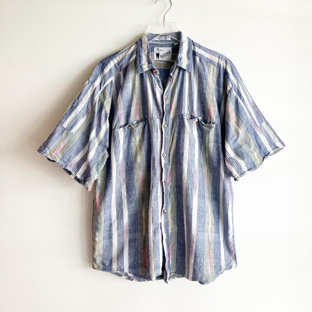 Vintage Goouch Large Shirt Striped Short Sleeve 100% Cotton Pockets Blue 80s 90s